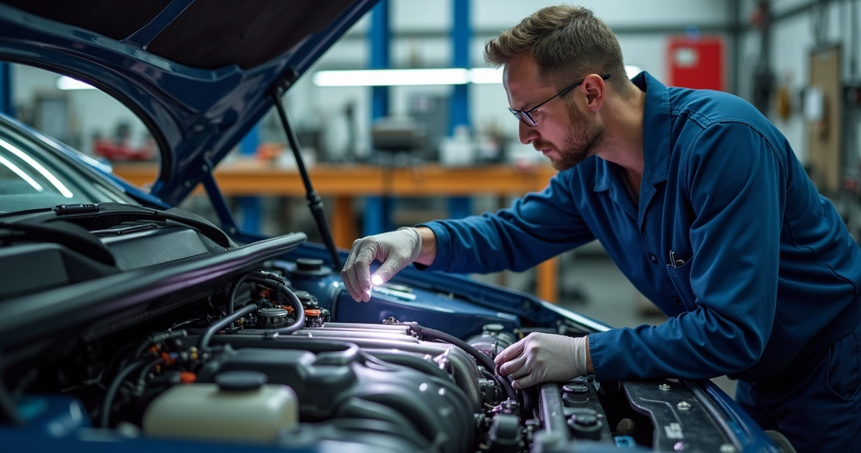 Mecânico examinando sistema de direção hidráulica com motor aberto, ferramentas e peças visíveis em oficina iluminada 