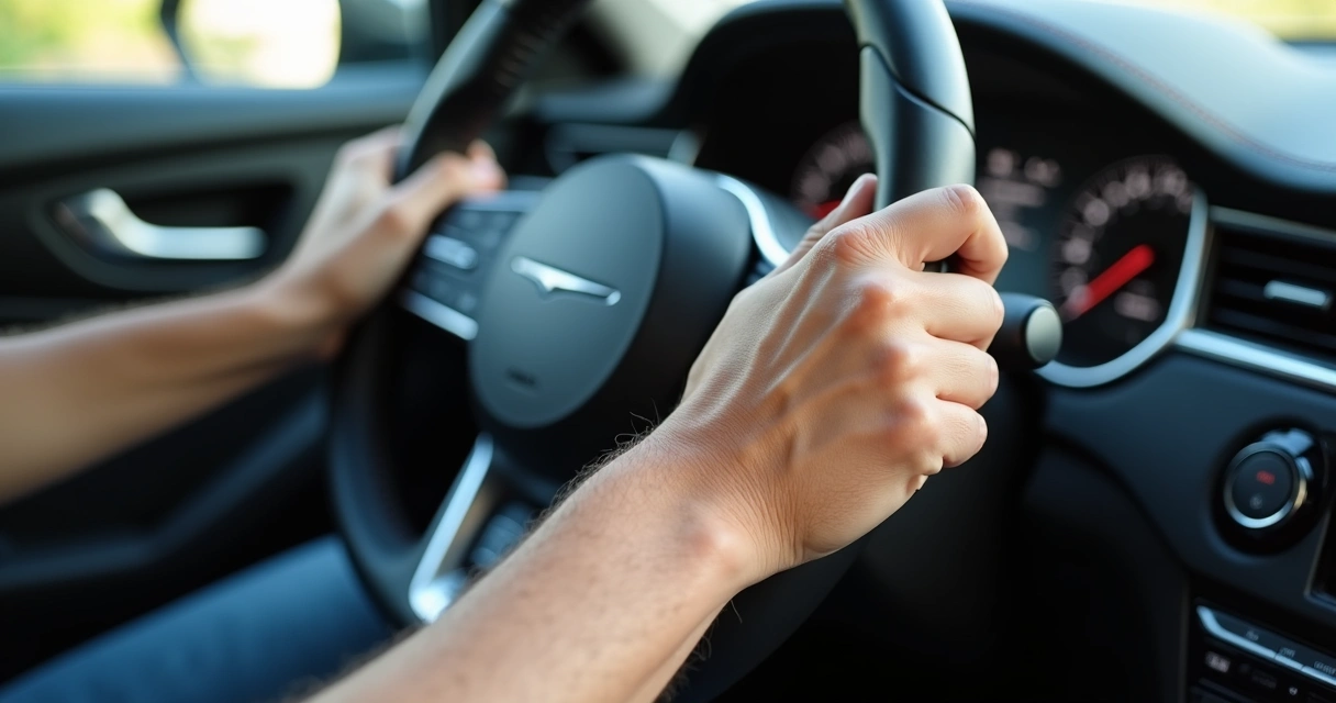 Volante de carro sendo girado com esforço