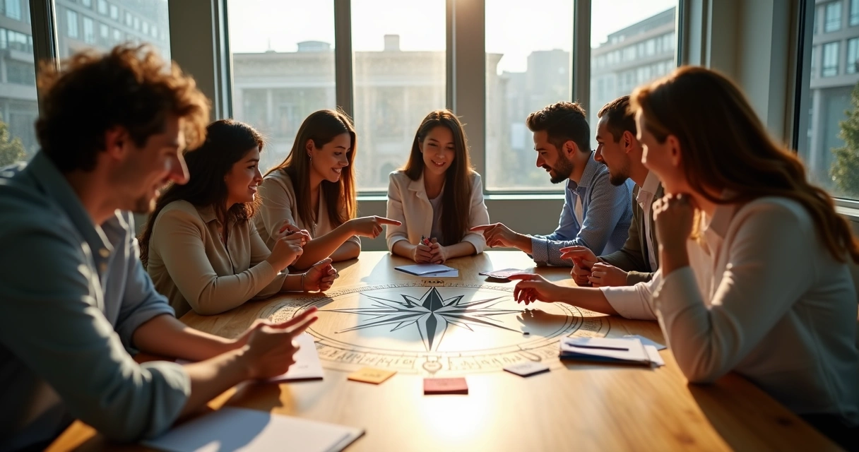 Grupo de personas en una sala de reuniones señalando una brújula sobre la mesa, con palabras como 'honestidad' y 'colaboración' resaltadas en notas adhesivas 