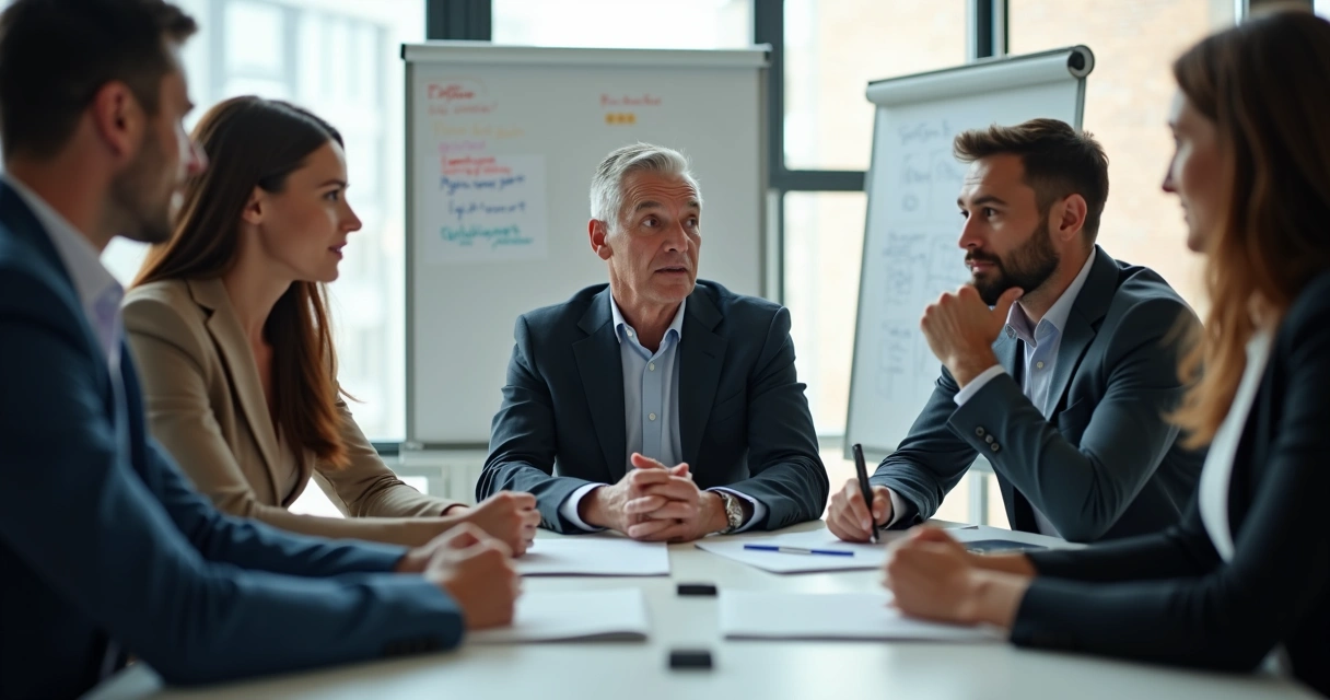 Equipo reunido con directivo reflexionando juntos 