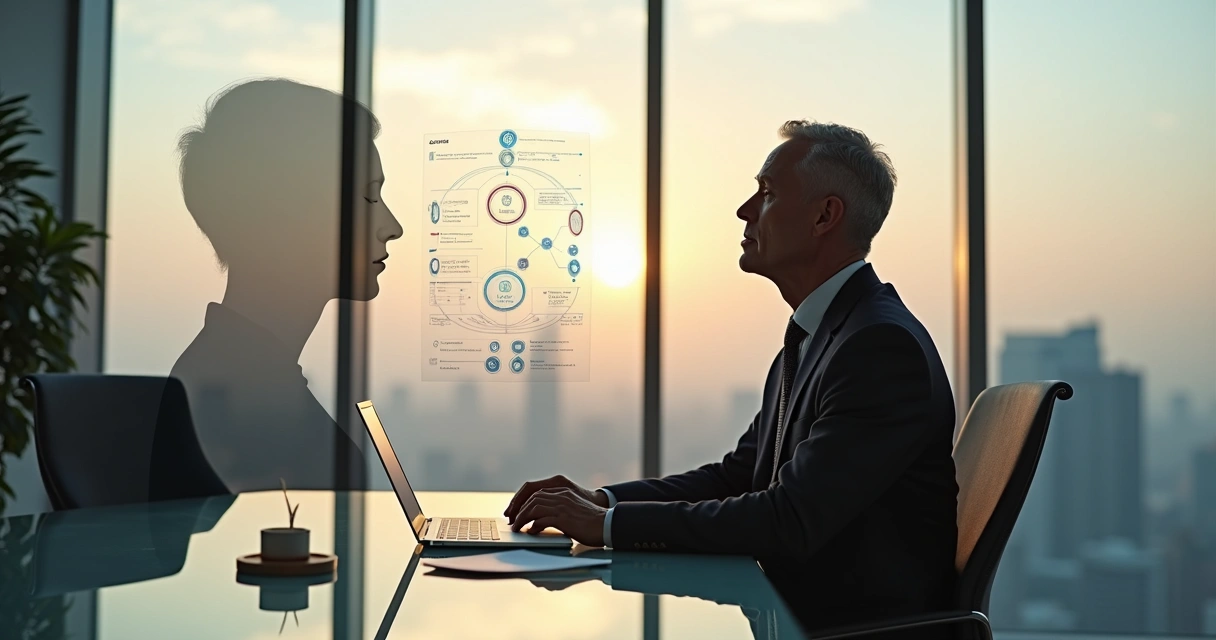 Directivo reflexionando frente a una ciudad mientras analiza decisiones estratégicas 