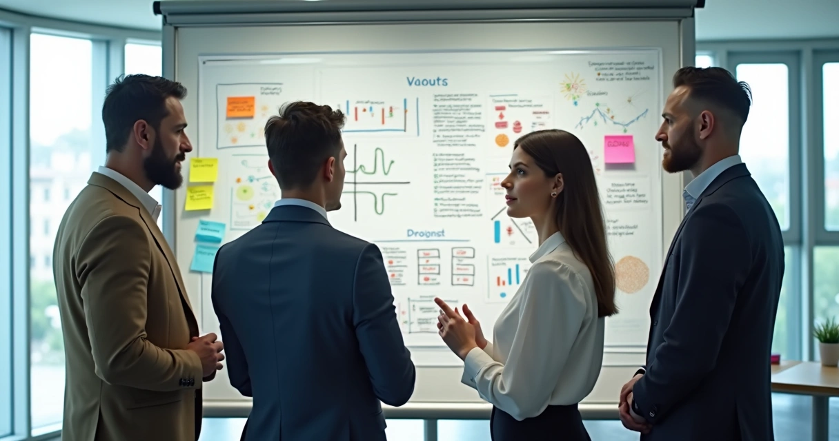 Directivos reunidos analizando información en una pizarra 