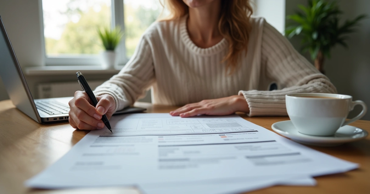 Mãe analisando documentos do INSS na mesa com notebook