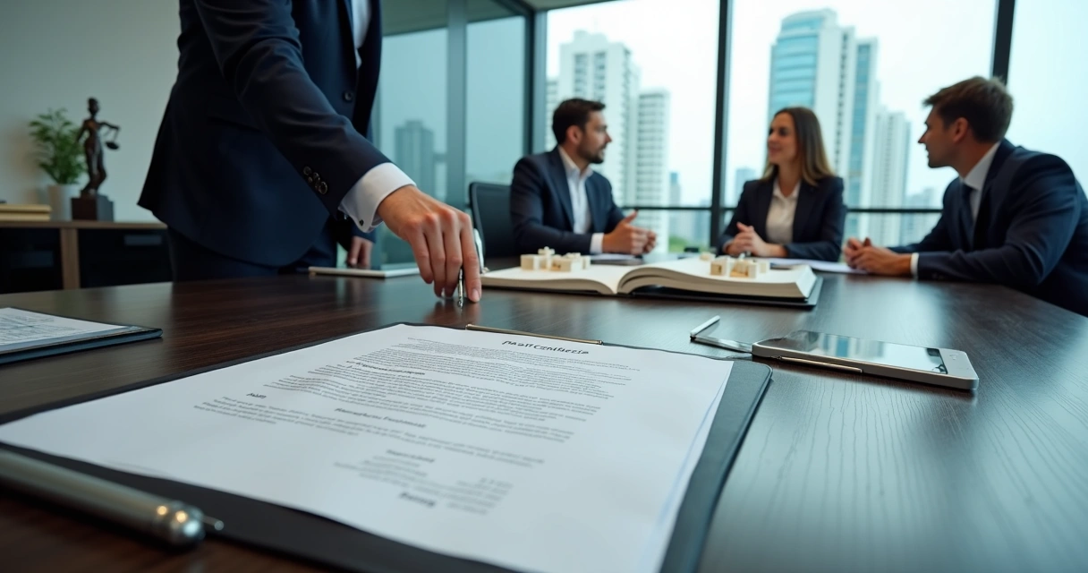 Mesa de reunião com contrato imobiliário, maquete de prédio corporativo e advogado orientando executivos 