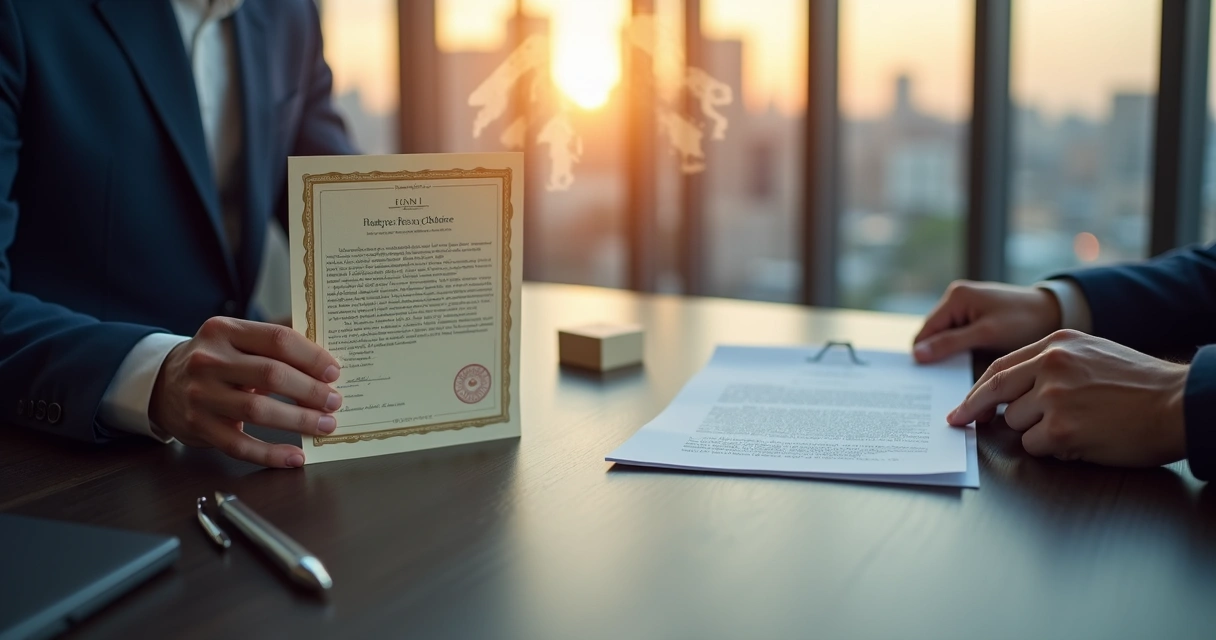 Mãos segurando certificados de ações com selos de primeira escolha e bifurcação de caminho ao fundo 