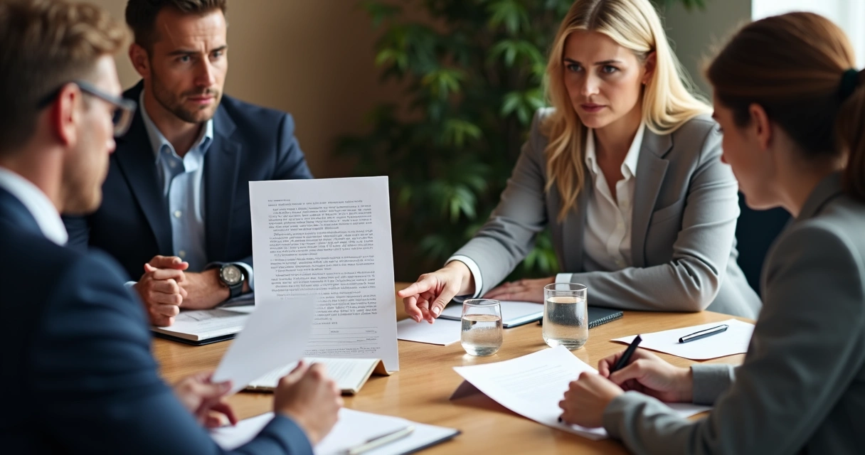Empresários sentados à mesa discutindo contrato societário 