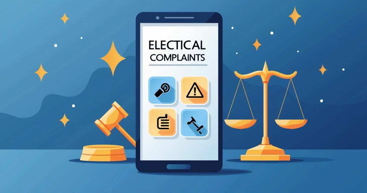 Tela de celular mostra aplicativo de denúncia eleitoral, ícone de balança da justiça. 