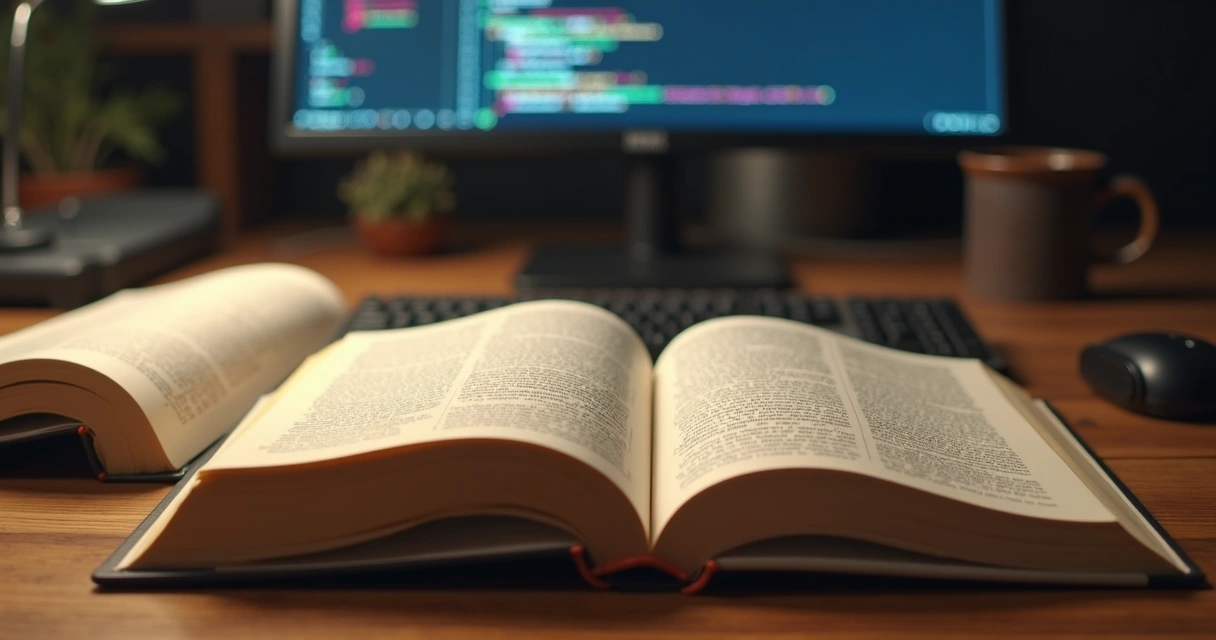Livros abertos e código de computador ao fundo 