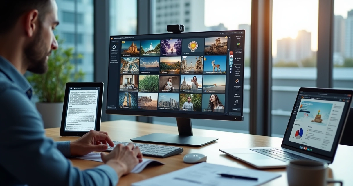 Profissional de marketing avaliando direitos autorais de imagens em várias telas 