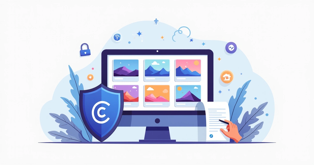 Ilustração de direitos autorais em imagens na web com tela de computador e ícones de proteção 