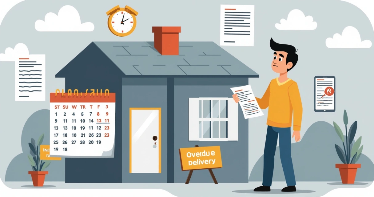 Ilustração de uma pessoa frustrada em frente a uma casa inacabada, segurando um documento, simbolizando direitos do consumidor.