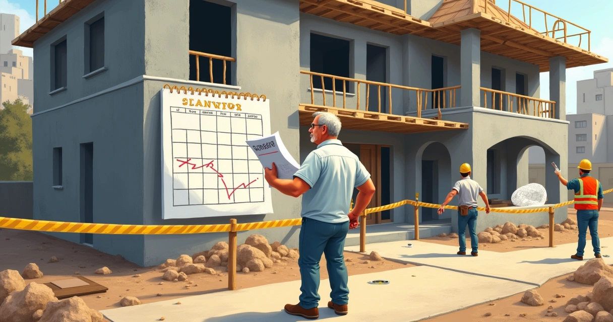 Homem frustrado diante de construção inacabada, segurando documento de distrato, destacando direitos do consumidor.