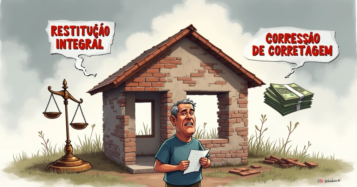 Ilustração de um proprietário frustrado em frente a uma casa parcialmente construída, simbolizando inadimplemento da construtora.