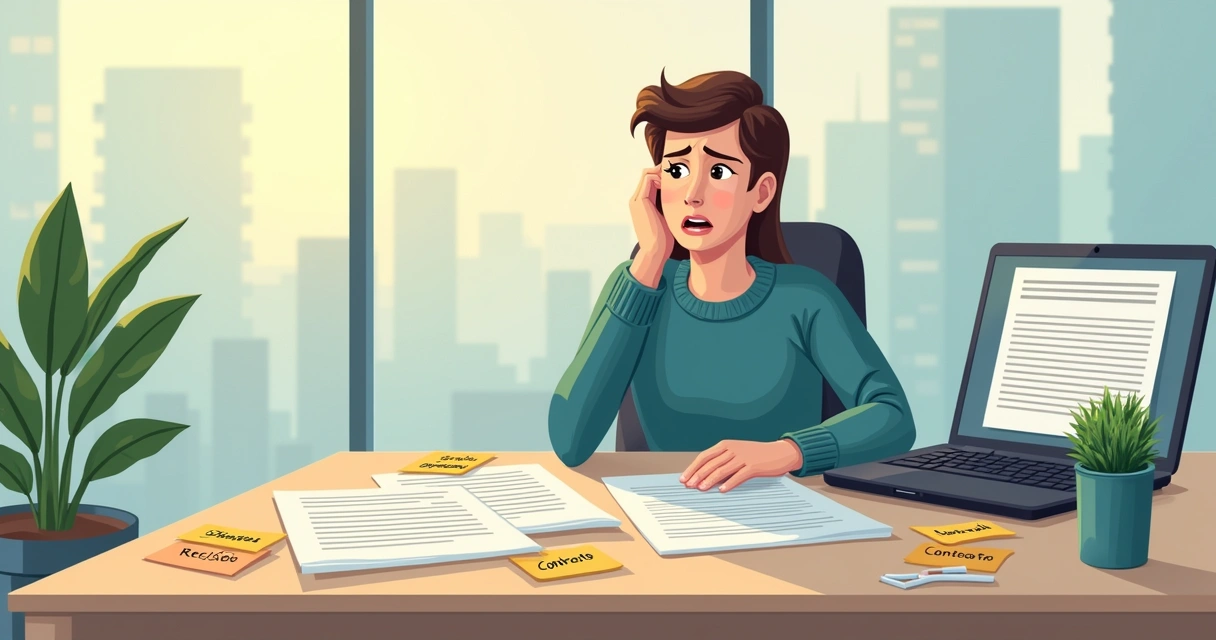 Ilustração de um escritório com uma pessoa revisando um contrato de multipropriedade com expressões de preocupação.
