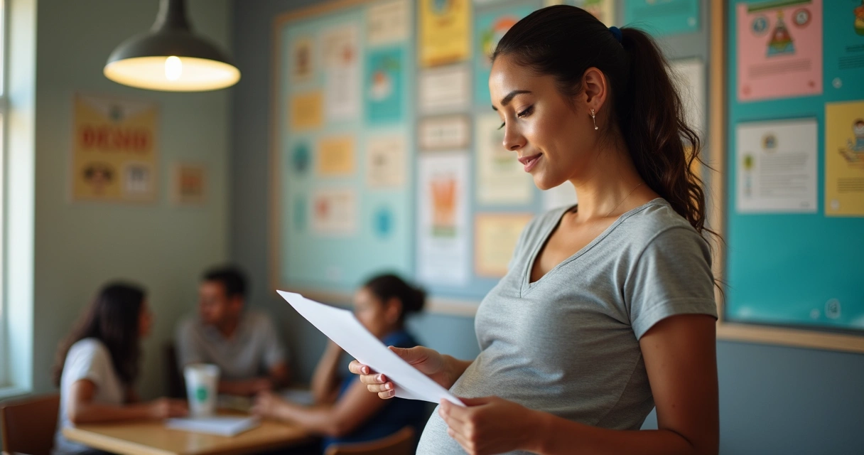 Mulher grávida sorrindo ao receber papéis informativos sobre direitos de gestante 