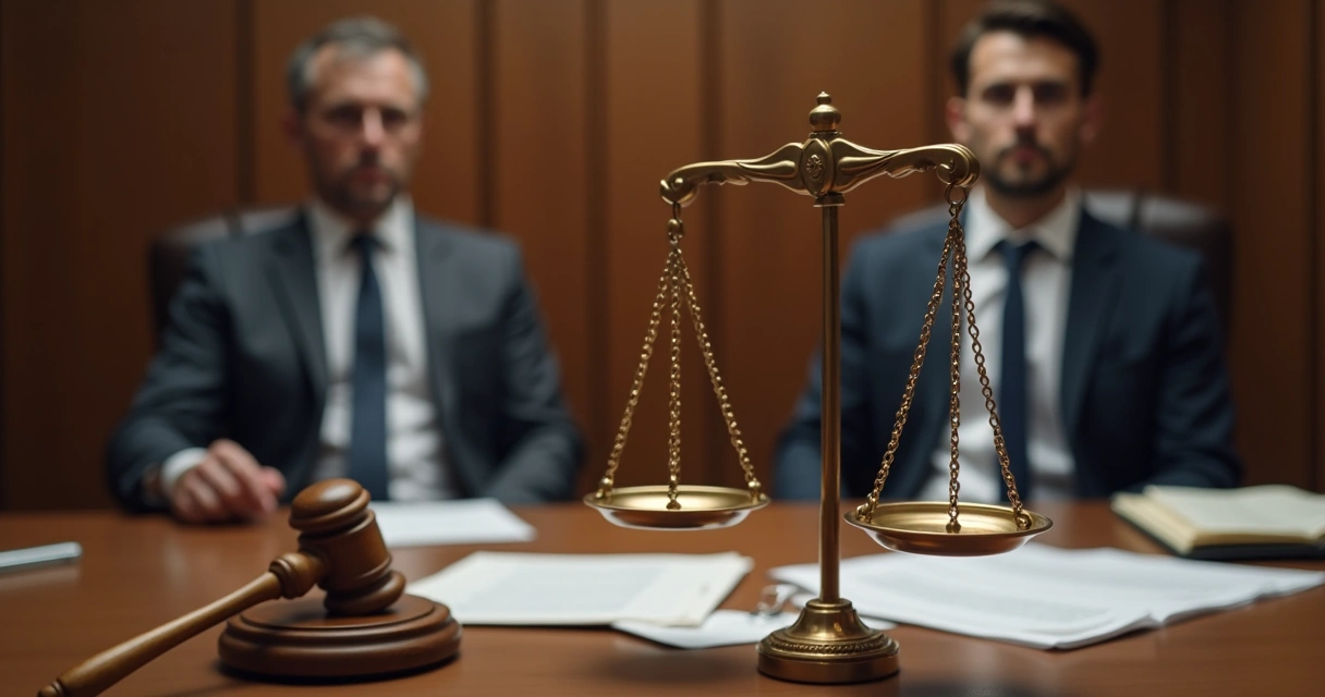 Direitos do acusado representados por balança da justiça e advogado junto a acusado 