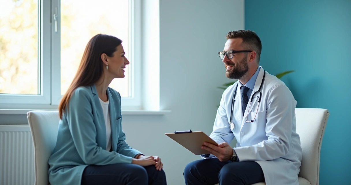 Médico conversando com paciente em consultório moderno 