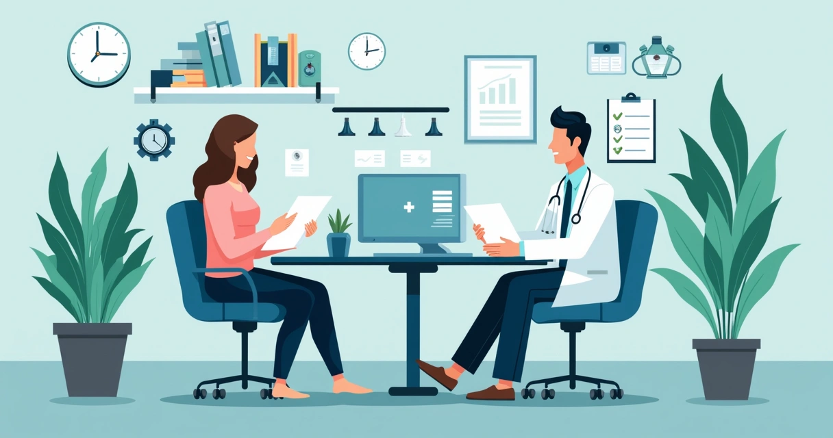 Paciente conversa com médico em consultório moderno, segurando documento e acompanhado de familiar. 