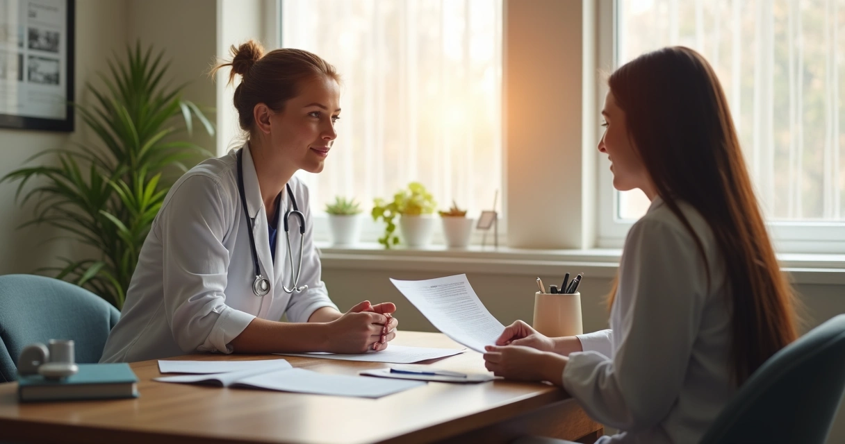 Profissional de saúde orientando paciente em consultório, documentos à mesa, expressão de respeito ao paciente 