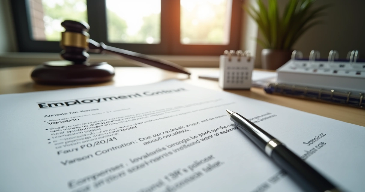 Contrato de trabalho com itens como férias, FGTS e 13º salário em uma mesa de escritório 