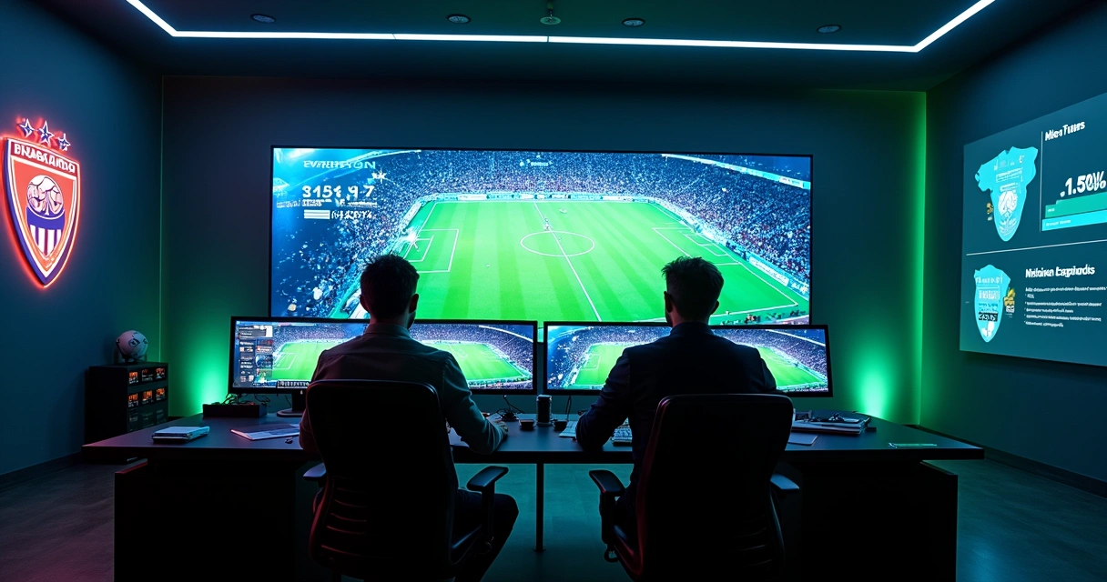 Sala de controle de streaming com jogo de futebol alternativo em múltiplas telas 