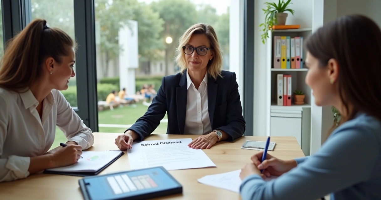 Diretora escolar analisando contrato em sala de reunião com pais 