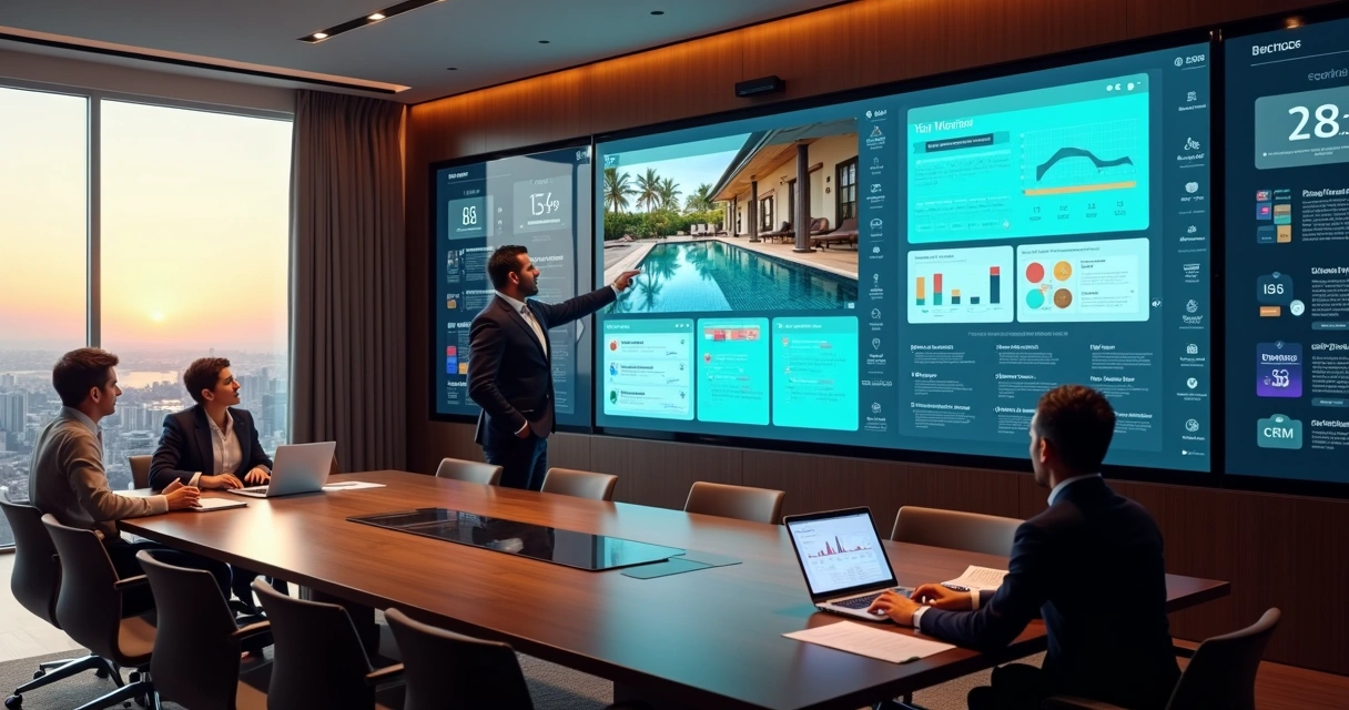 Diretor de hotel observando grande tela com site do hotel, motor de reservas e CRM integrados 