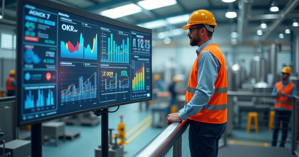 Diretor industrial em fábrica acompanhando painel digital de OKR e produção 