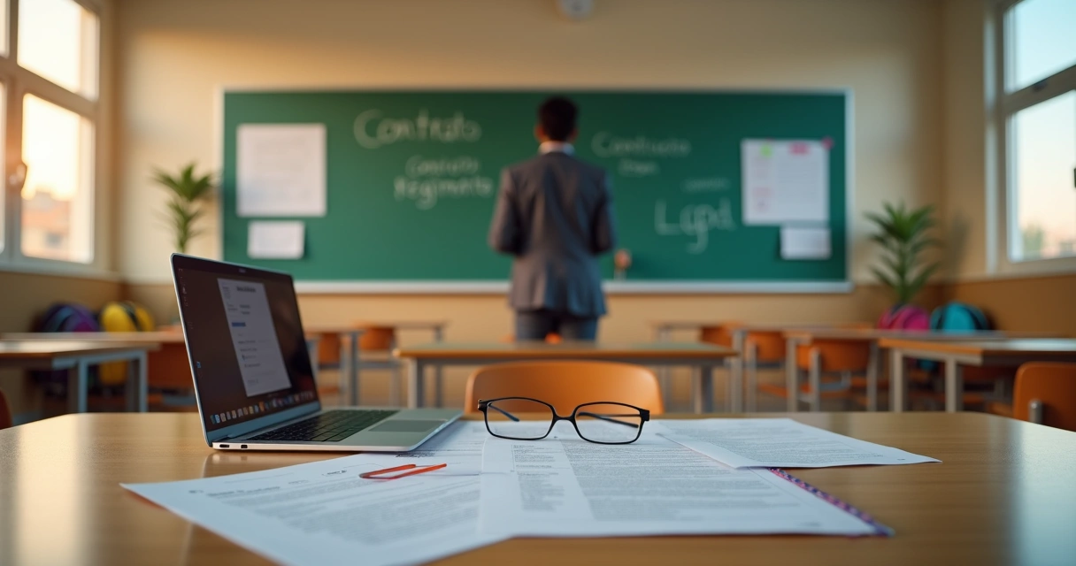 Diretor de escola analisando documentos jurídicos em sala de aula vazia 