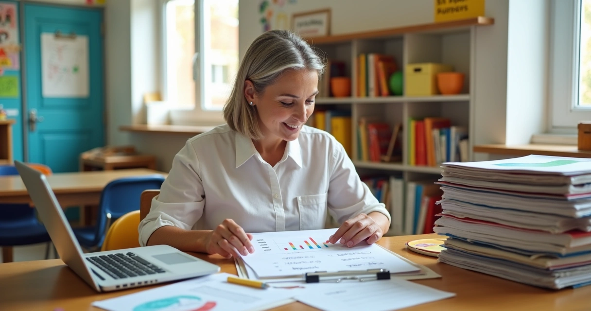 Diretora de pequena escola revisando prestação de contas em sala simples com materiais pedagógicos ao fundo 