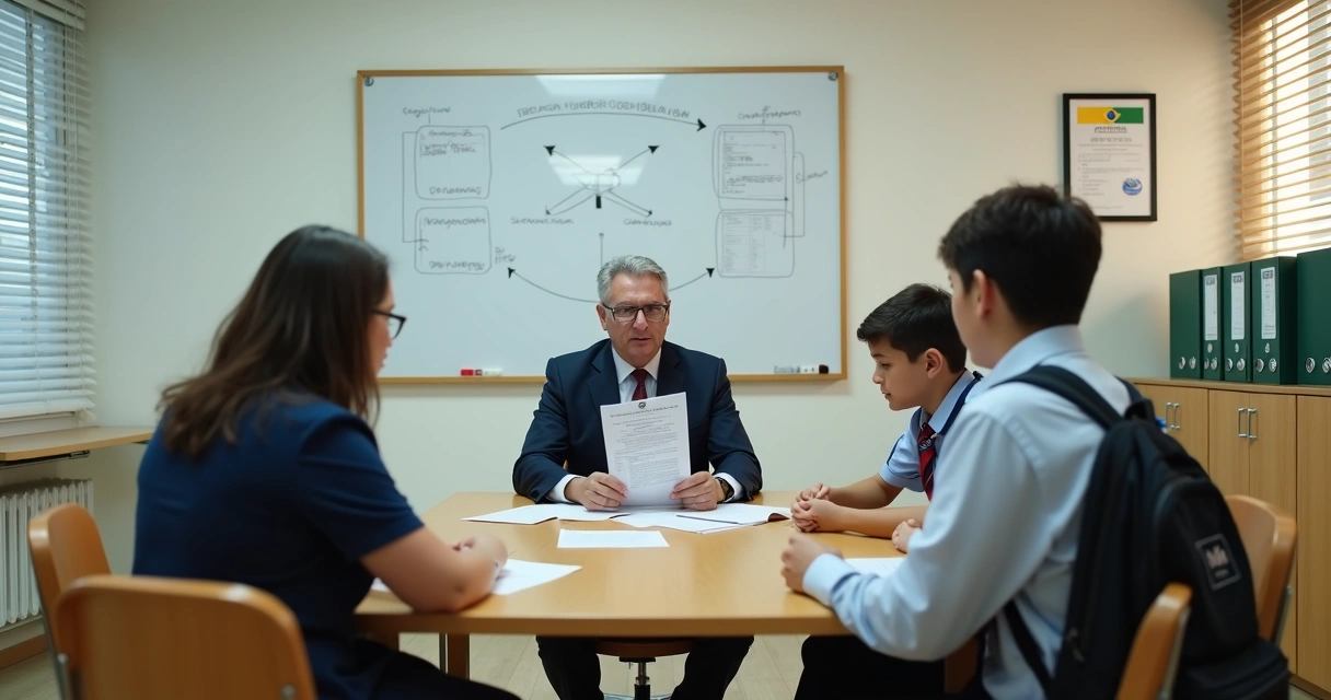 Diretora escolar em reunião disciplinar com aluno e responsáveis na sala da escola 