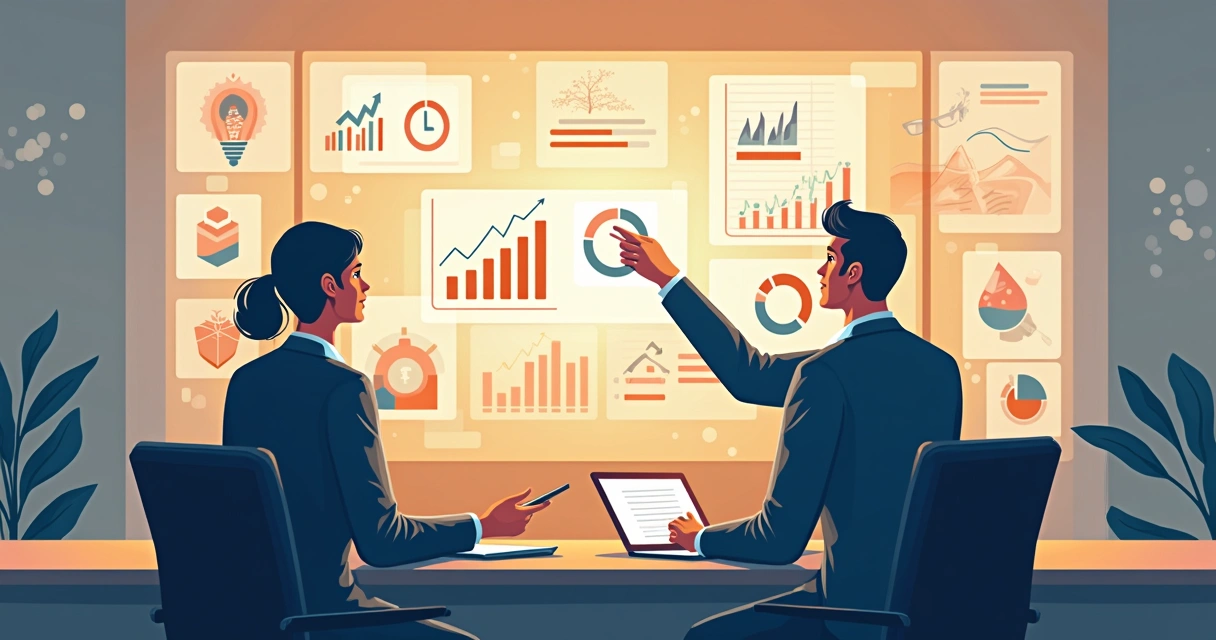 Diretores analisam projetos de IA com gráficos e dados em destaque 