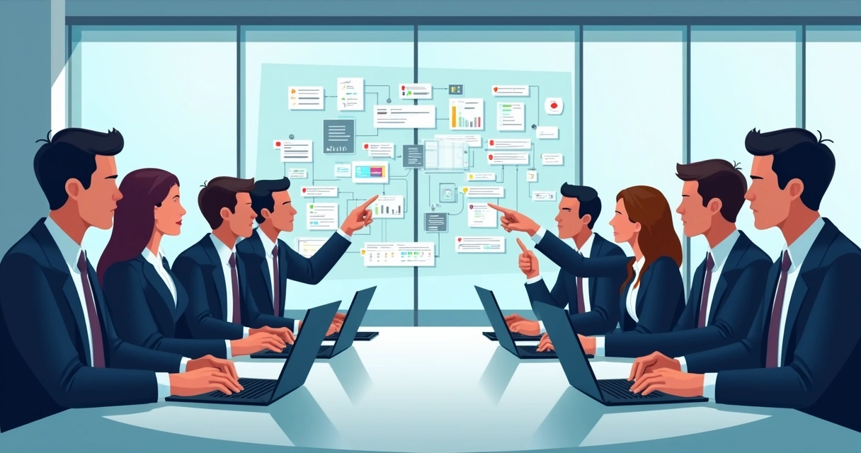 Diretores de grandes empresas reunidos discutindo integração com IA 