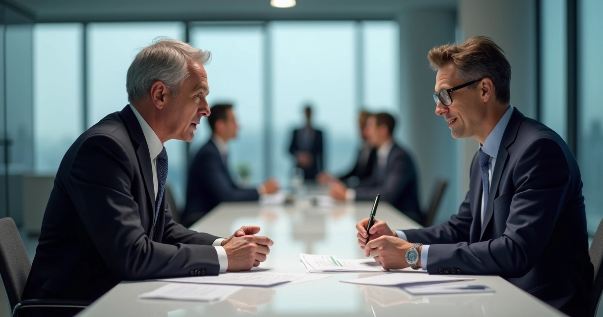Dois diretores de empresas em reunião discutindo fusão, papéis sobre a mesa 
