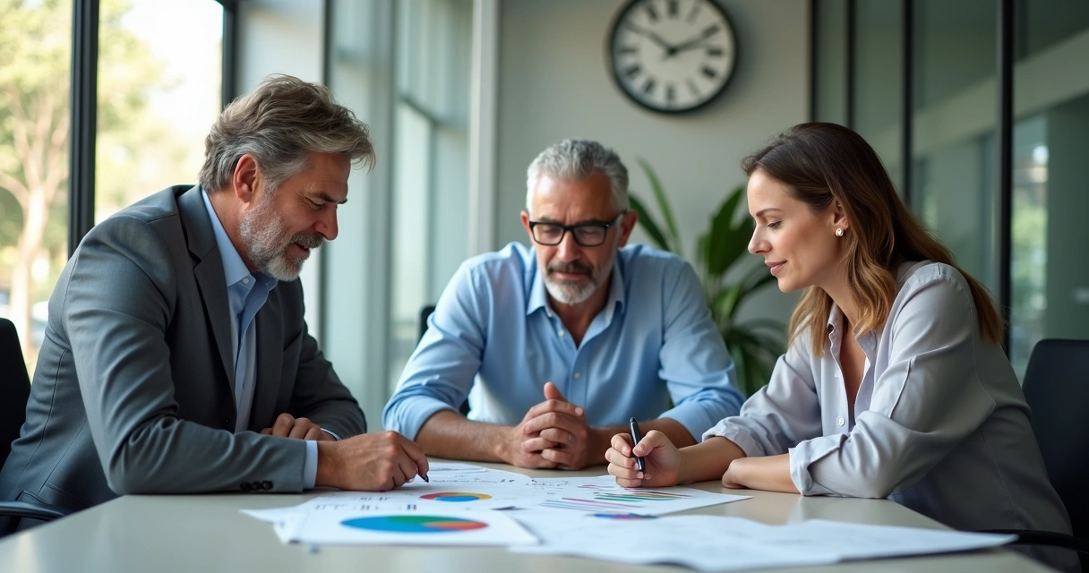 Três diretores discutindo ao redor de uma mesa com papéis e relatórios 