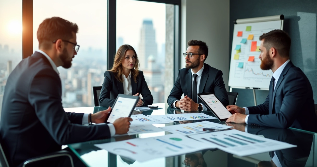 Executivos analisando relatório em mesa de reunião 