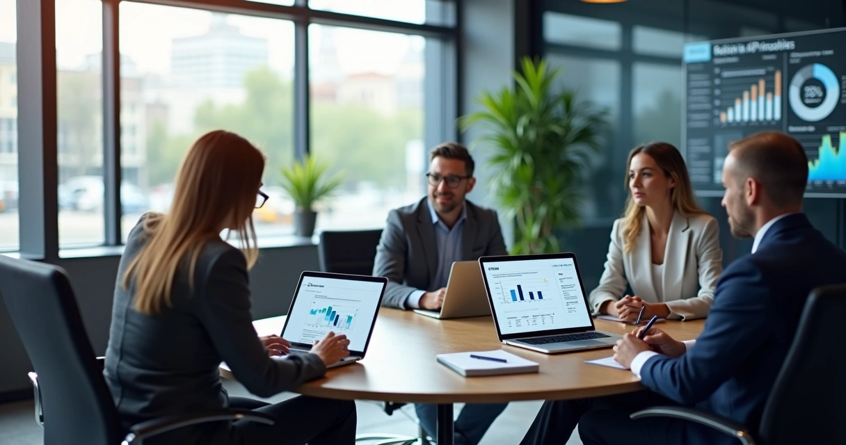 Diretores financeiros de PME em reunião analisando gráficos digitais