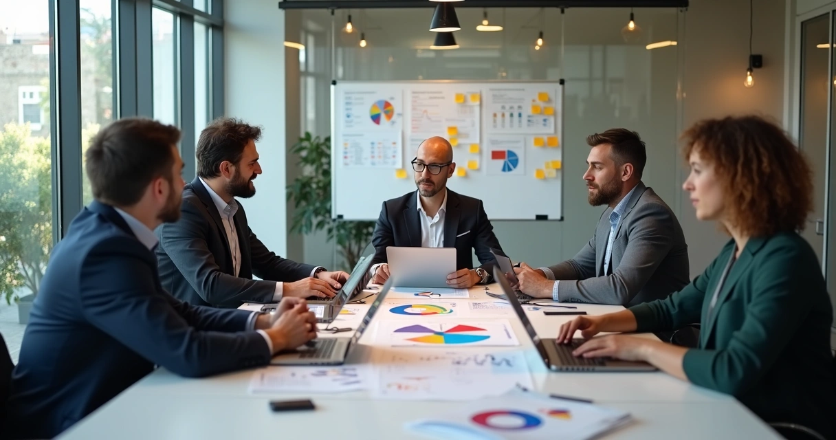 Diretores de PME analisam objetivos e metas reunidos em uma sala moderna