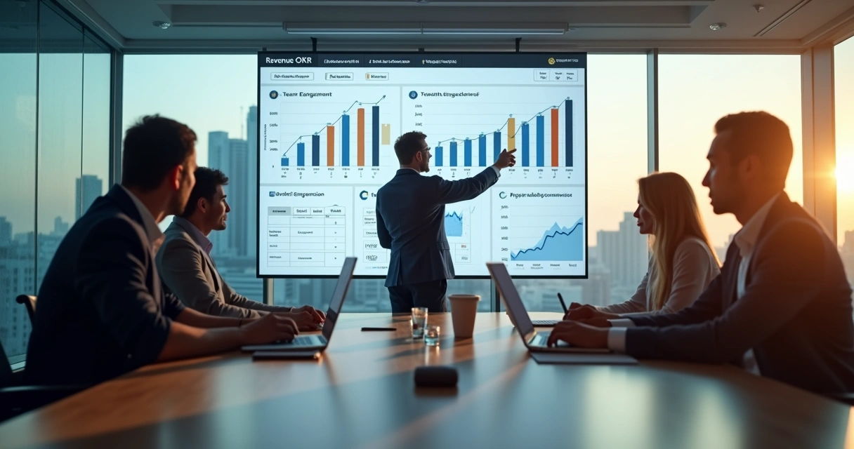Diretores de PME analisando painel de OKRs e resultados financeiros em sala de reunião moderna 