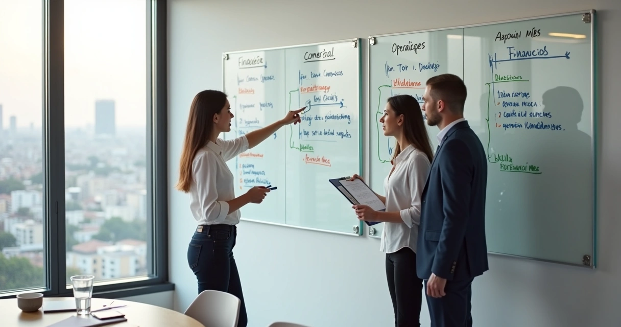 Diretores de PME alinhando decisao em frente a quadros de indicadores 