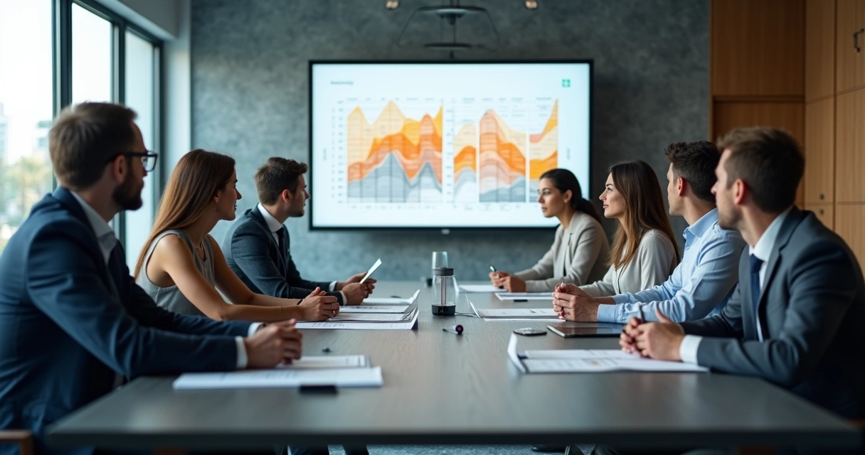 Equipe de diretoria imobiliária analisando relatórios em reunião 