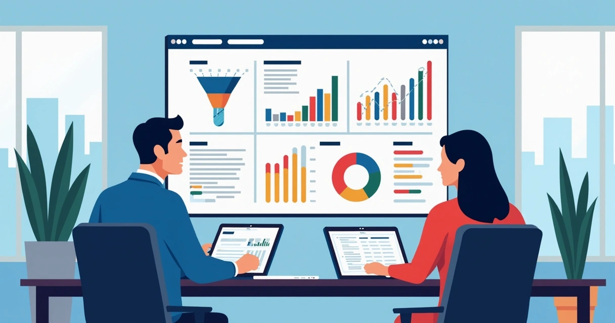 Diretores analisando dados de vendas e funil em tela digital 