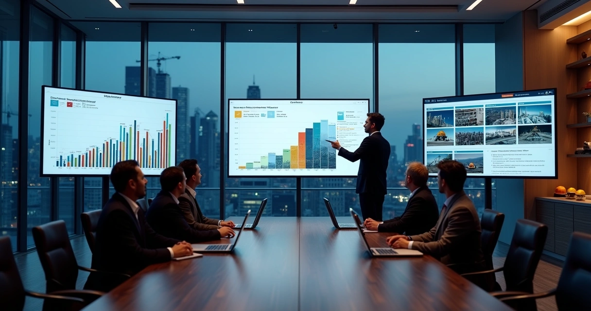 Reunião de diretoria de engenharia analisando indicadores visuais em telas grandes 