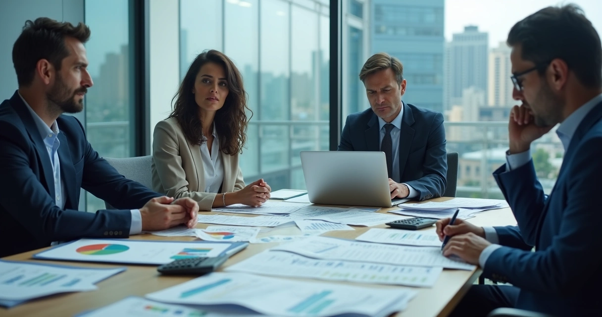 Diretoria financeira em reunião com gráficos e projeções tributárias