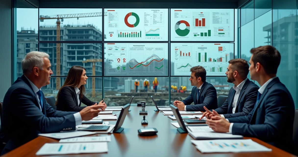 Diretoria de construtora analisando telas com dados de obras conflitantes e gráficos divergentes 