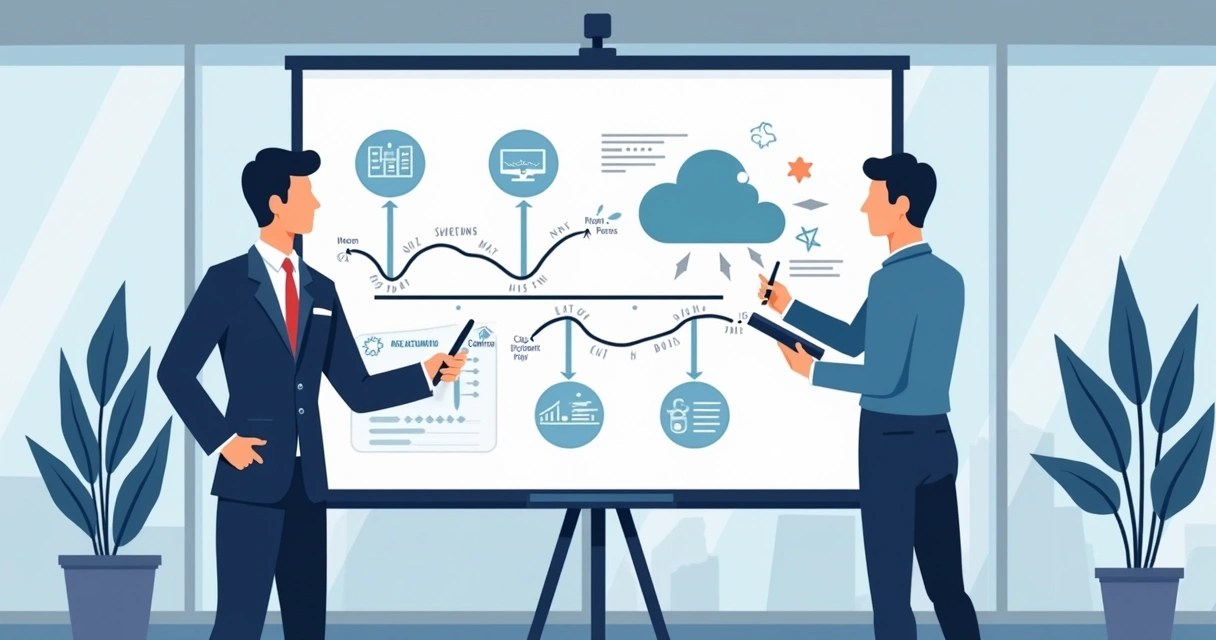 Diretoria e gestor de TI desenhando estratégia de adoção de nuvem em quadro digital 