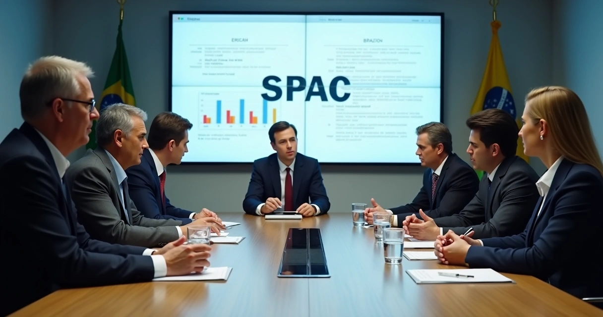 Diretores de uma empresa discutindo criação de SPAC em sala de reunião 