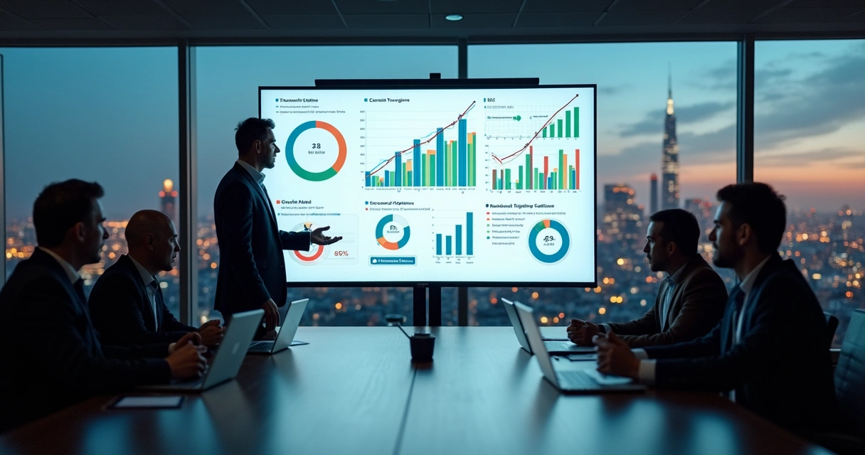 Líder de TI apresentando indicadores executivos em dashboard para diretoria em sala de reunião moderna 
