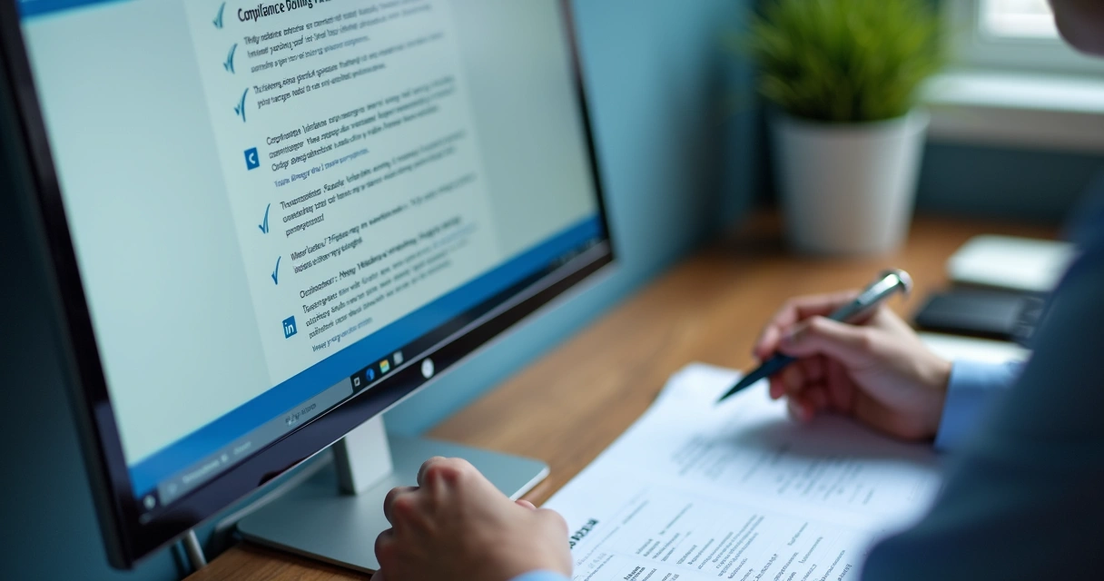 Tela mostrando políticas do LinkedIn e checklist de conformidade. 