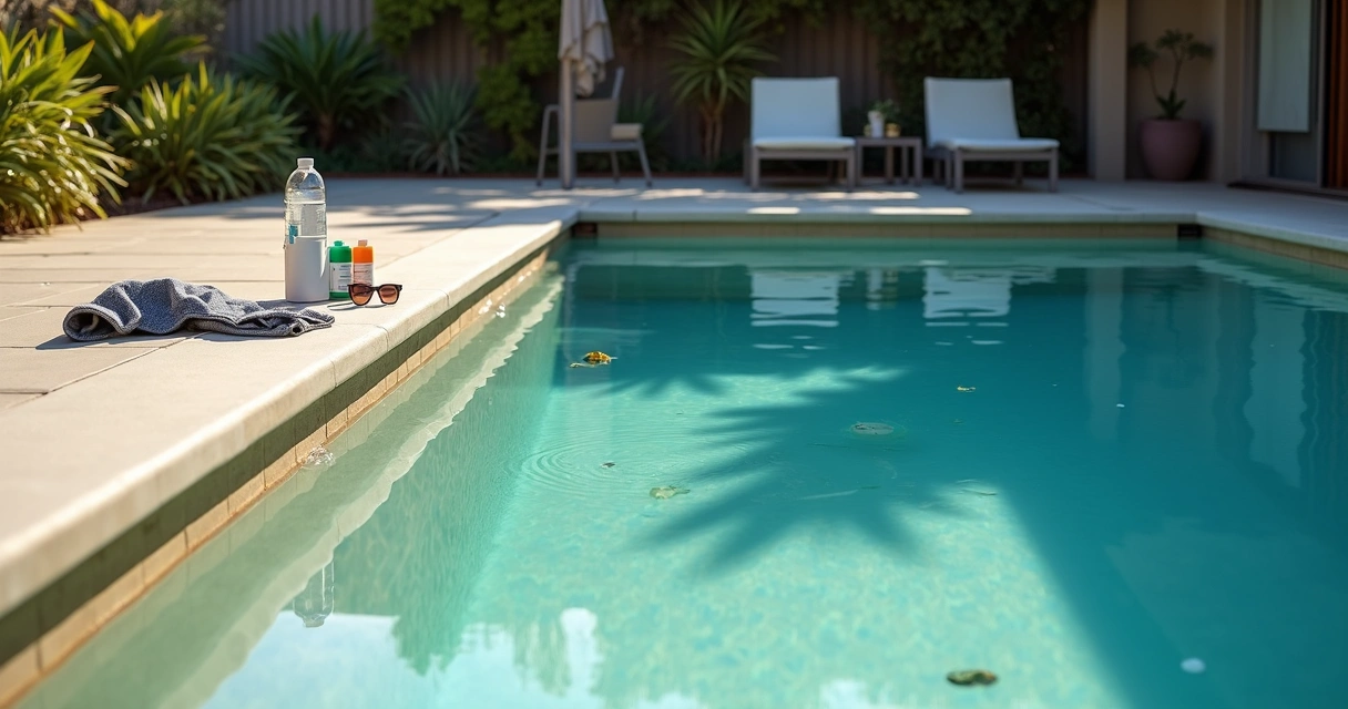 Overhead view of cloudy residential pool with visible stains and debris 
